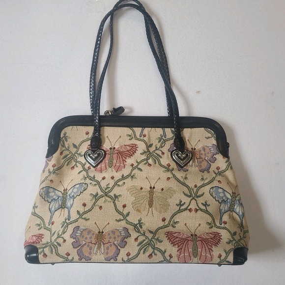 Brighton Butterfly Tapestry Satchel Bag Leather Trim Heart Charms Rare Large - Picture 2 of 13